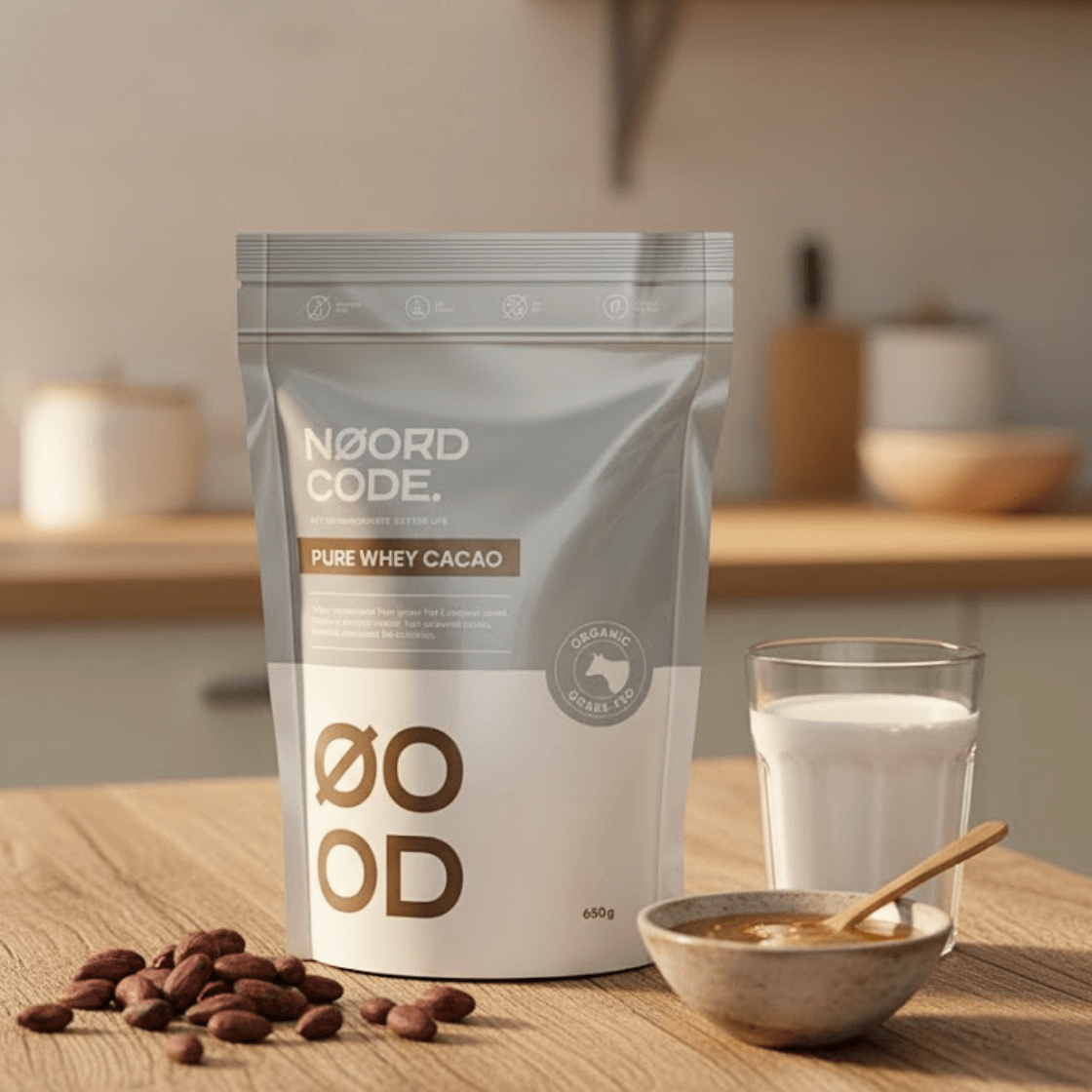 Balení NoordCode Bio syrovátkový protein kakao na světlém pozadí s kakaem a kokosovým nektarem